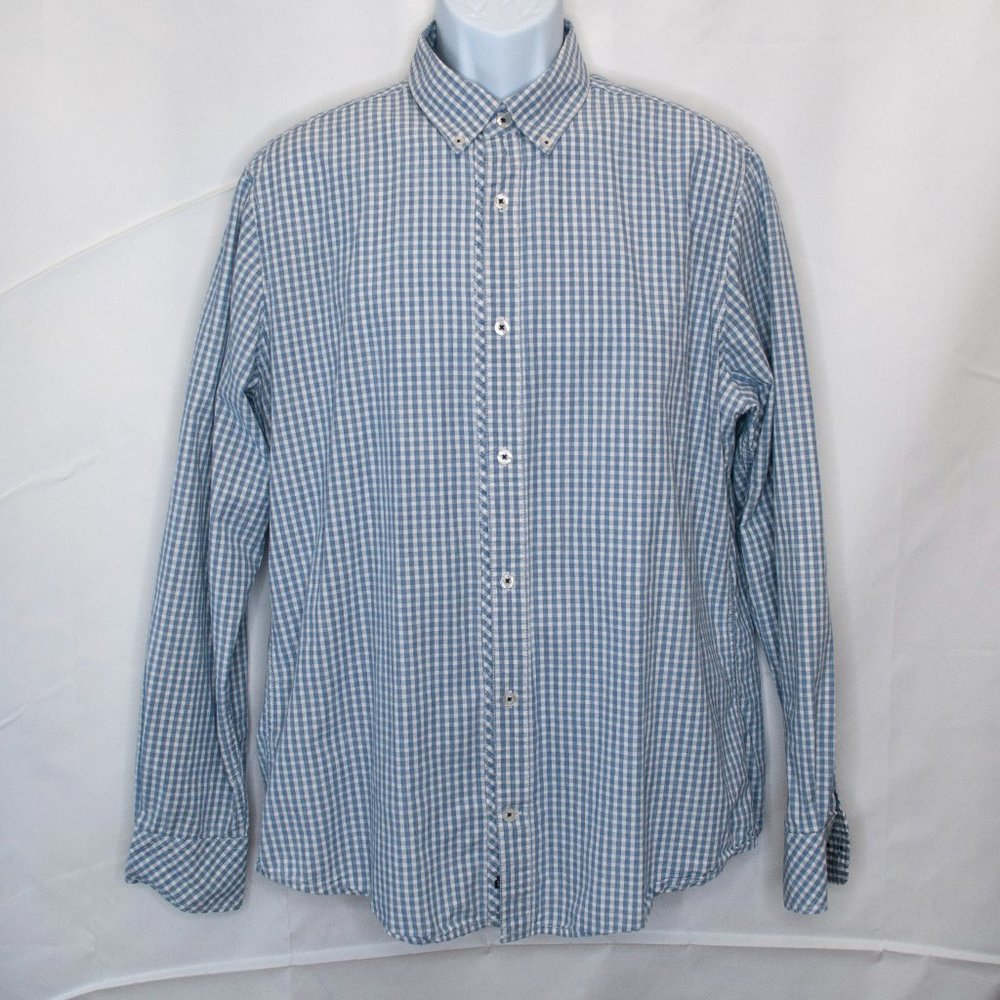 PD&C Gingham Button Down Shirt Mens Large L Blue Long Sleeve Check Work A04